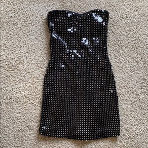Black strapless sequined mini cocktail dress